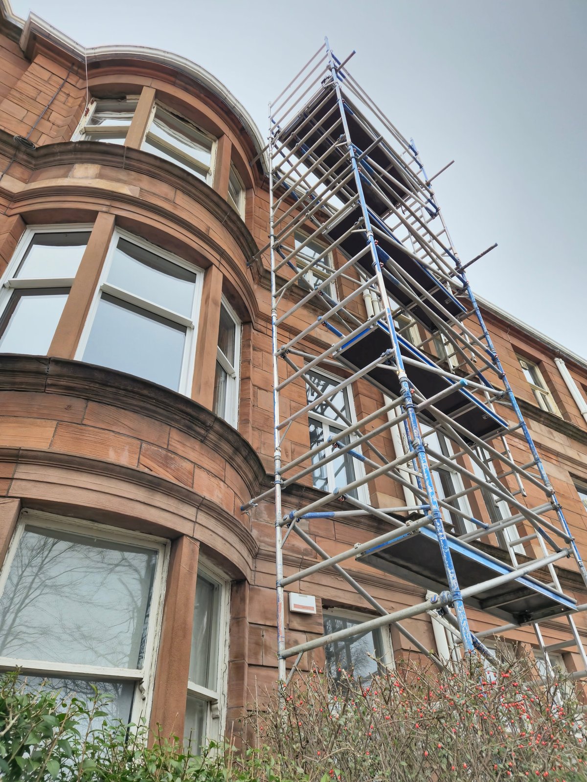 Scaffolding on the facade of a historic building during exterior maintenance